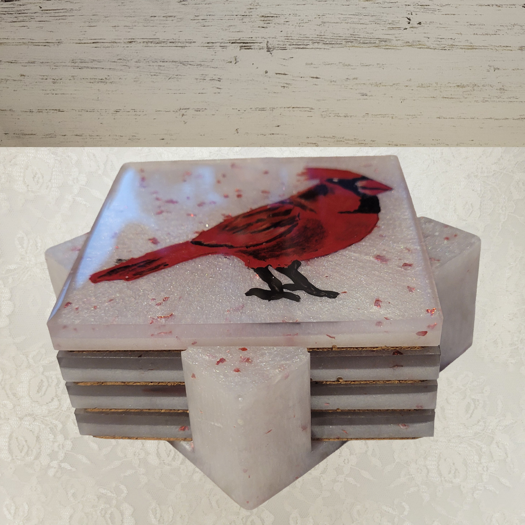 Bird Coasters, Hand-Painted and Holder