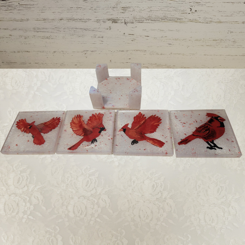 Bird Coasters, Hand-Painted and Holder